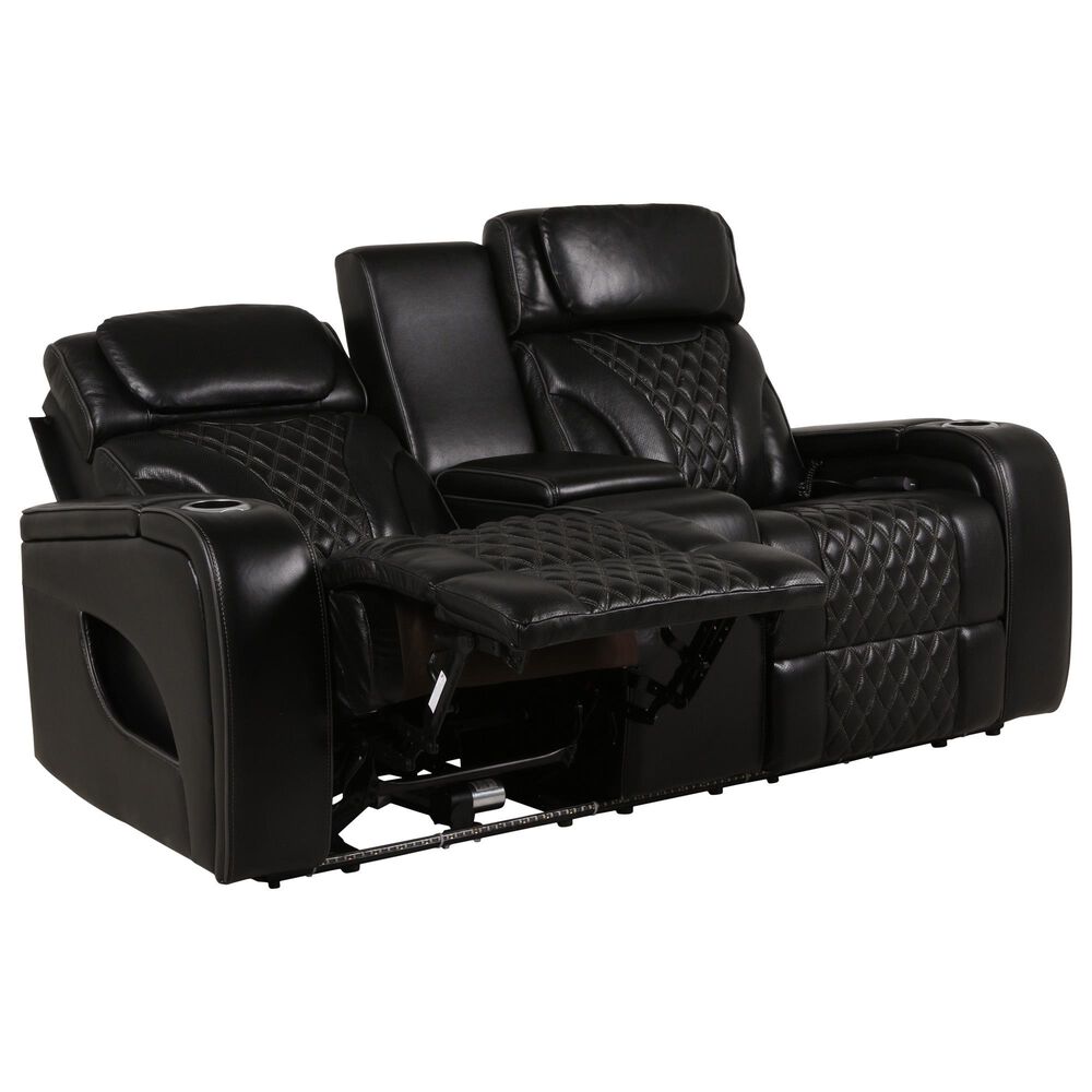 Aurora Furnishings Livorno Leather Power Reclining Console Loveseat with Massage in Black, , large