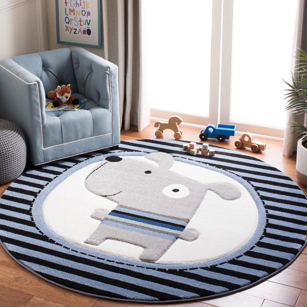 Safavieh Carousel Animals 4&#39; Round Navy and Ivory Kids  Area Rug, , large