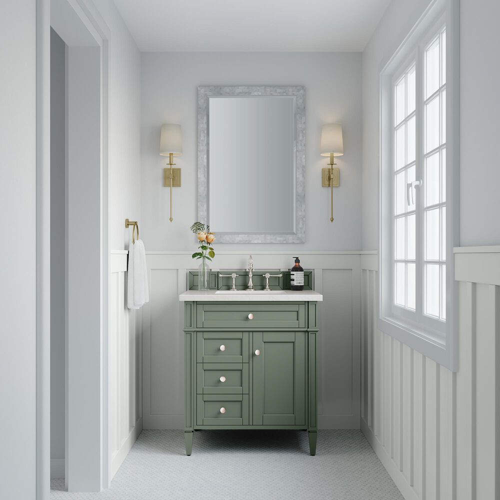 James Martin Brittany 30&quot; Single Bathroom Vanity in Smokey Celadon with 3 cm White Zeus Quartz Top and Rectangular Sink, , large