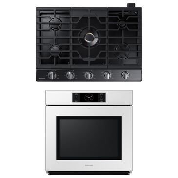 Samsung 2-Piece Kitchen Package with White 30" Single Wall Oven and Black Stainless Steel 30" Smart Gas Cooktop, , large