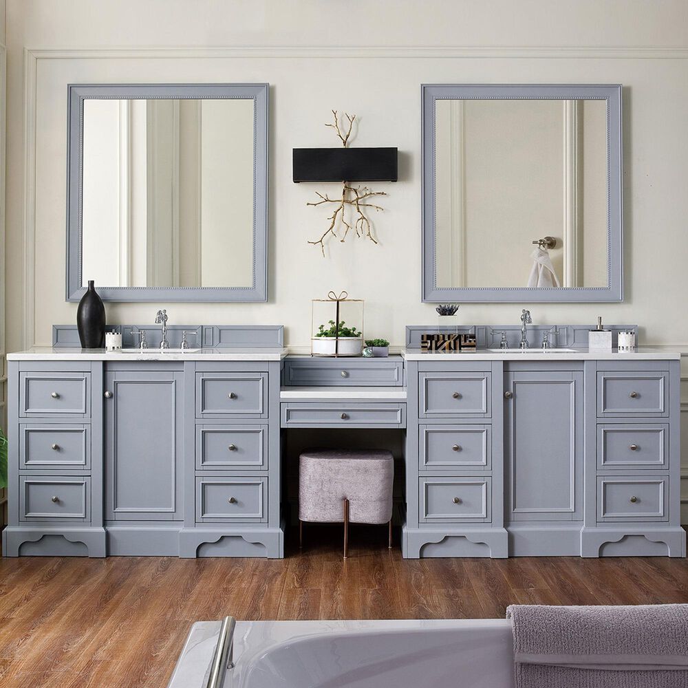 James Martin De Soto 118&quot; Double Bathroom Vanity in Silver Gray with 3 cm White Zeus Quartz Top and Rectangular Sinks, , large