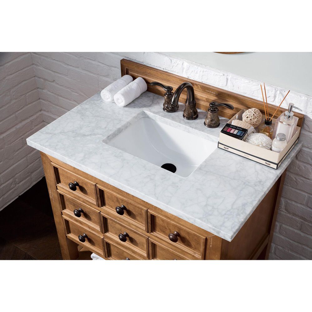 James Martin Malibu 36&quot; Single Bathroom Vanity in Honey Alder with 3 cm Carrara White Marble Top and Rectangular Sink, , large