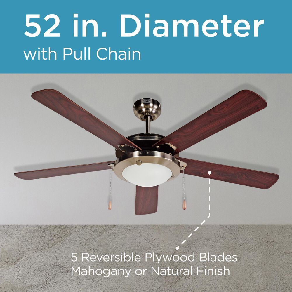 Black+Decker 52&quot; 5-Blade Retractable Blades Ceiling Fan with Light and Pull Chain in Brushed Nickle and Mahogany, , large