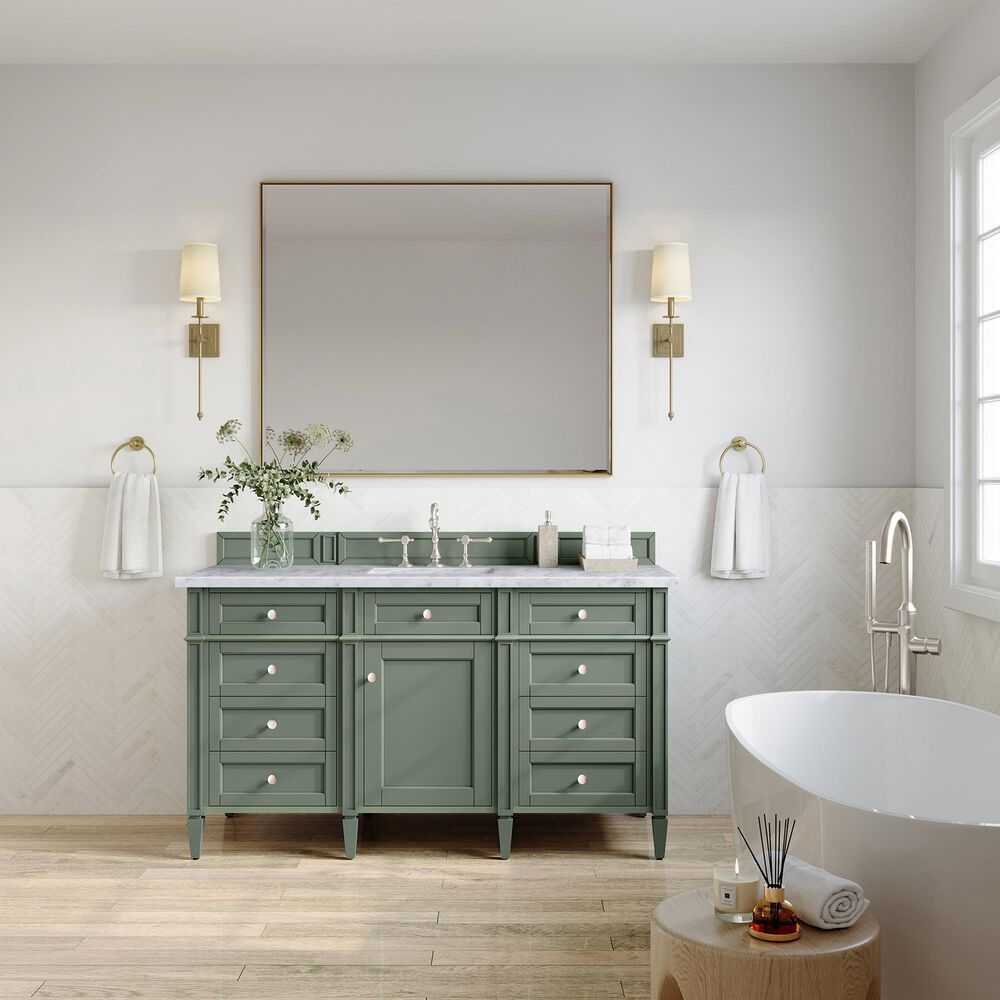 James Martin Brittany 60&quot; Single Bathroom Vanity in Smokey Celadon with 3 cm Carrara White Marble Top and Rectangular Sink, , large