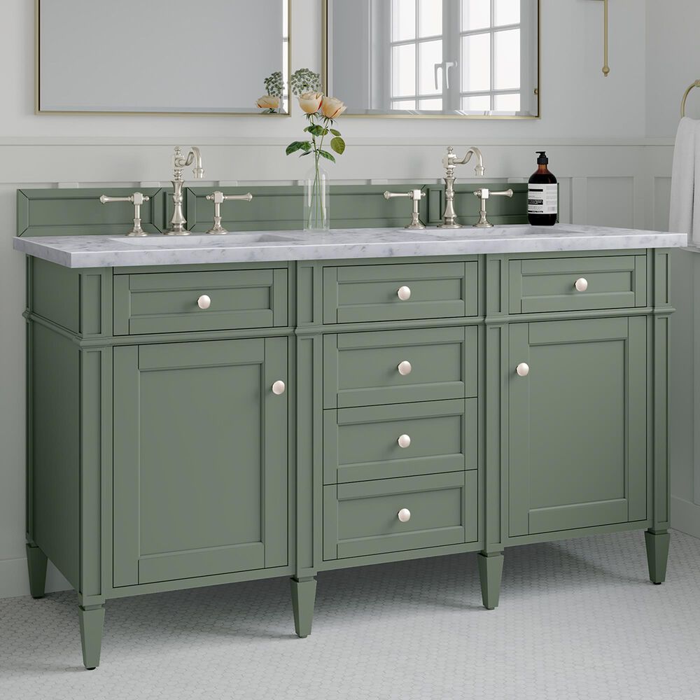 James Martin Brittany 60&quot; Double Bathroom Vanity in Smokey Celadon with 3 cm Carrara White Marble Top and Rectangular Sinks, , large