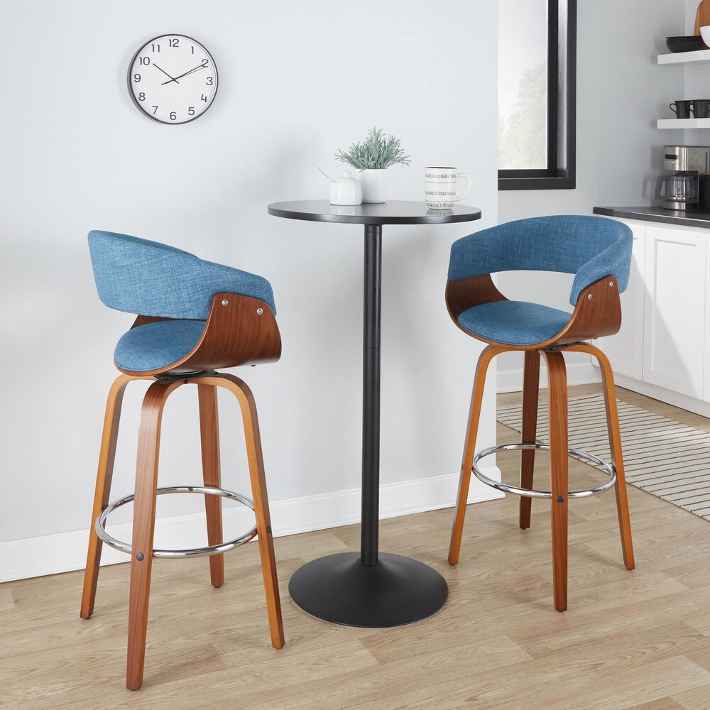 Lumisource Vintage Mod 30&quot; Swivel Bar Stool with Blue Cushion in Walnut and Chrome &#40;Set of 2&#41;, , large