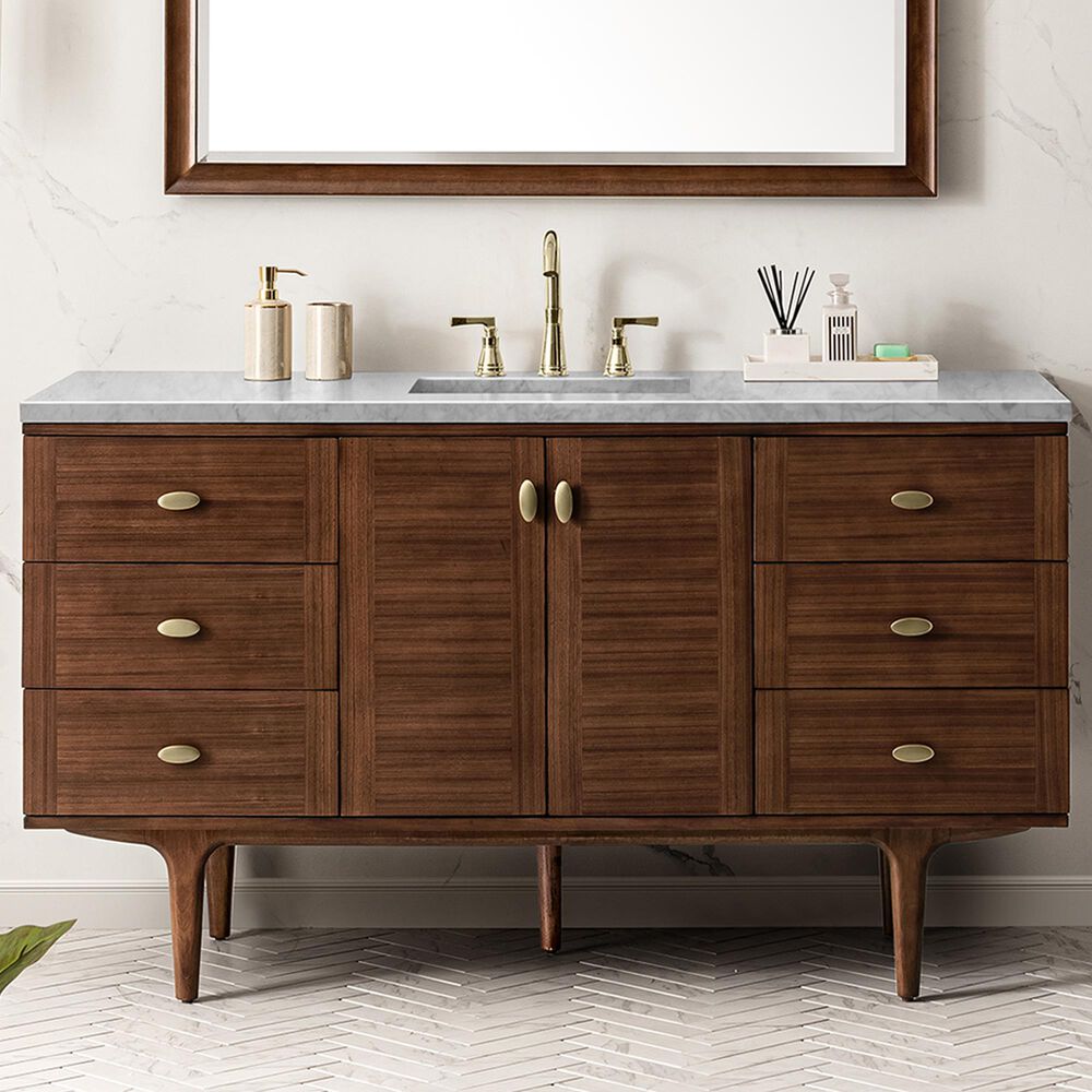 James Martin Amberly 60&quot; Single Bathroom Vanity in Walnut with 3 cm Carrara White Marble Top and Rectangular Sink, , large