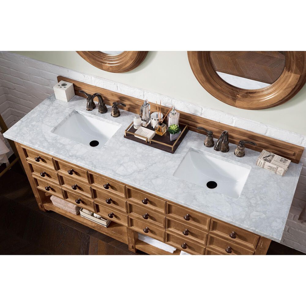 James Martin Malibu 72&quot; Double Bathroom Vanity in Honey Alder with 3 cm Carrara White Marble Top and Rectangular Sinks, , large