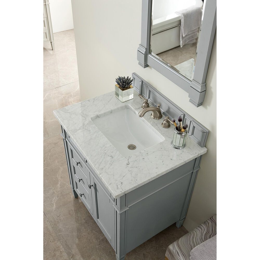 James Martin Brittany 30&quot; Single Bathroom Vanity in Urban Gray with 3 cm Carrara White Marble Top and Rectangle Sink, , large