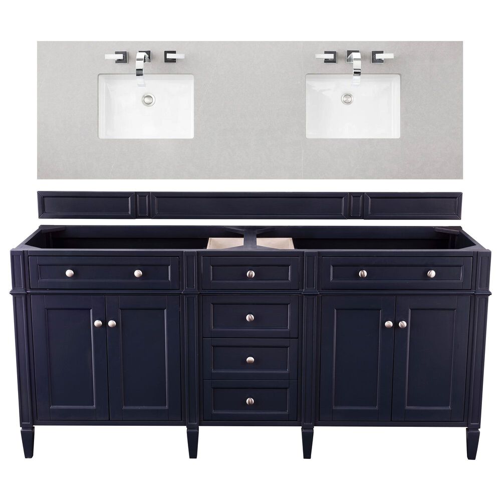James Martin Brittany 72" Double Bathroom Vanity in Victory Blue with 3 cm Eternal Serena Quartz Top and Rectangle Sinks, , large