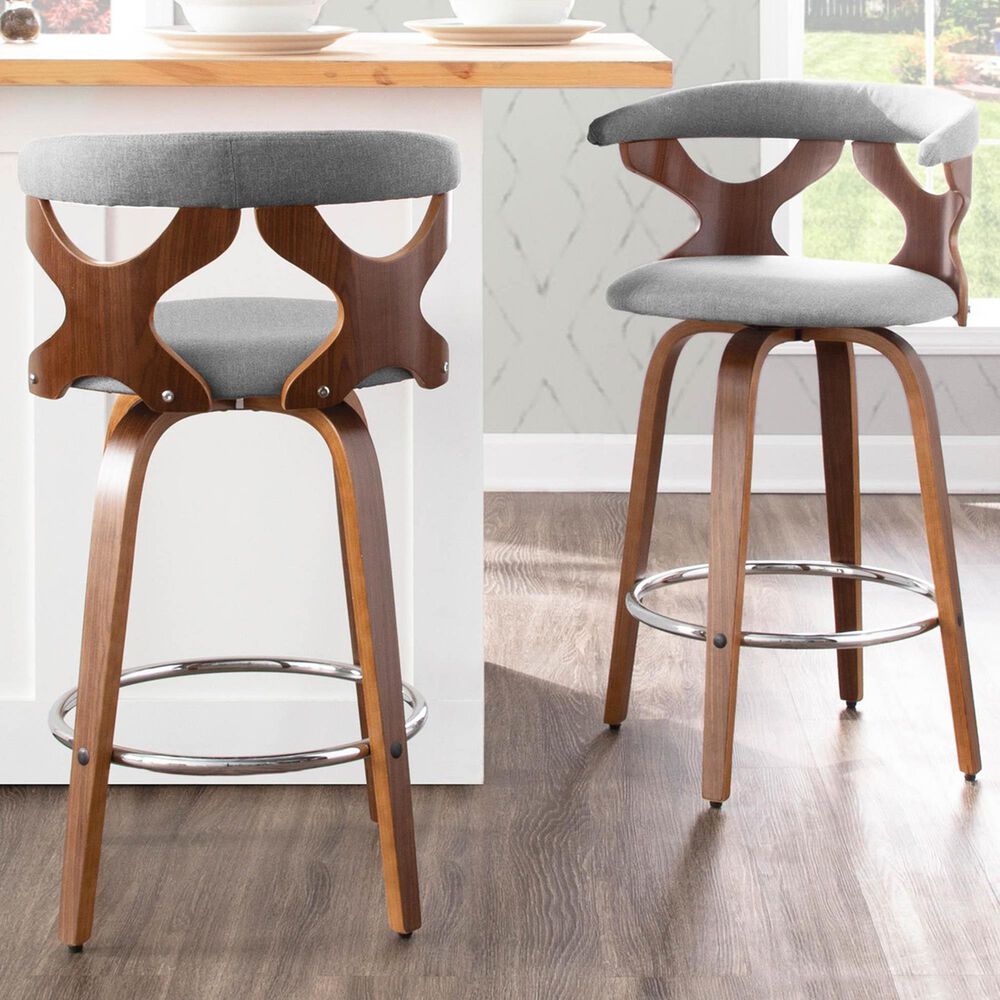 Lumisource Gardenia Swivel Counter Stool with Grey Cushion in Walnut and Chrome &#40;Set of 2&#41;, , large