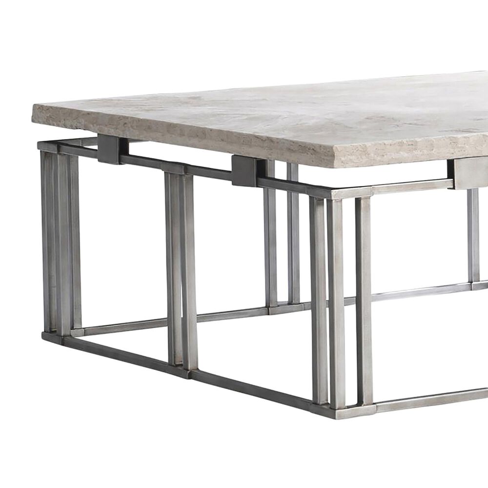 Bernhardt Riverton 40&quot; Cocktail Table in Honed Bianco Travertine and Silver, , large