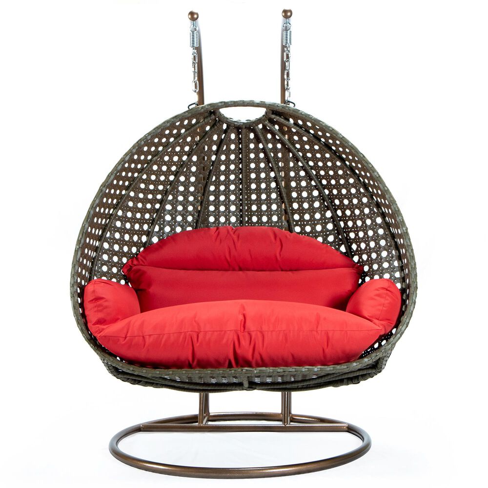 Leisuremod 57&quot; Patio 2-Seat Hanging Egg Swing Chair with Red Cushion in Beige, , large