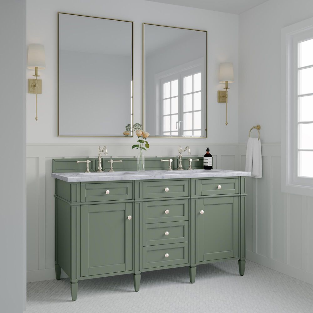 James Martin Brittany 60&quot; Double Bathroom Vanity in Smokey Celadon with 3 cm Carrara White Marble Top and Rectangular Sinks, , large