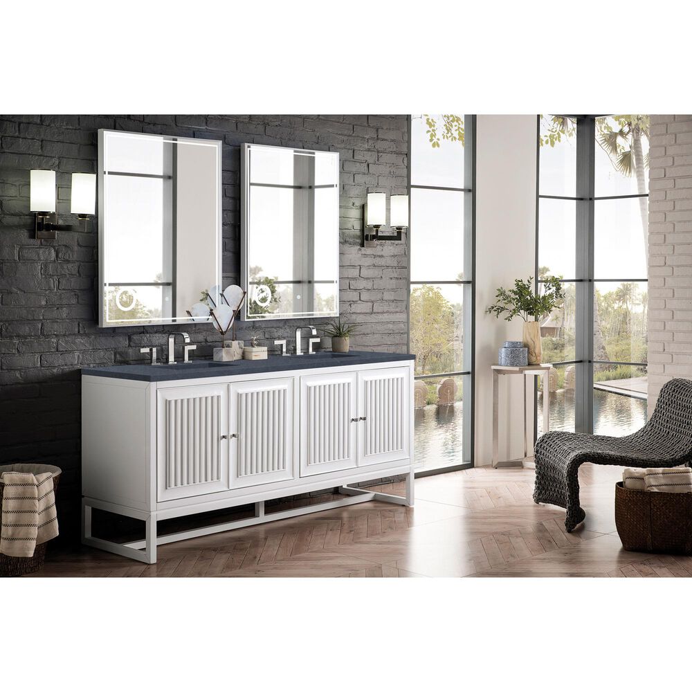 James Martin Athens 72&quot; Double Bathroom Vanity in Glossy White with 3 cm Charcoal Soapstone Quartz Top and Rectangular Sinks, , large