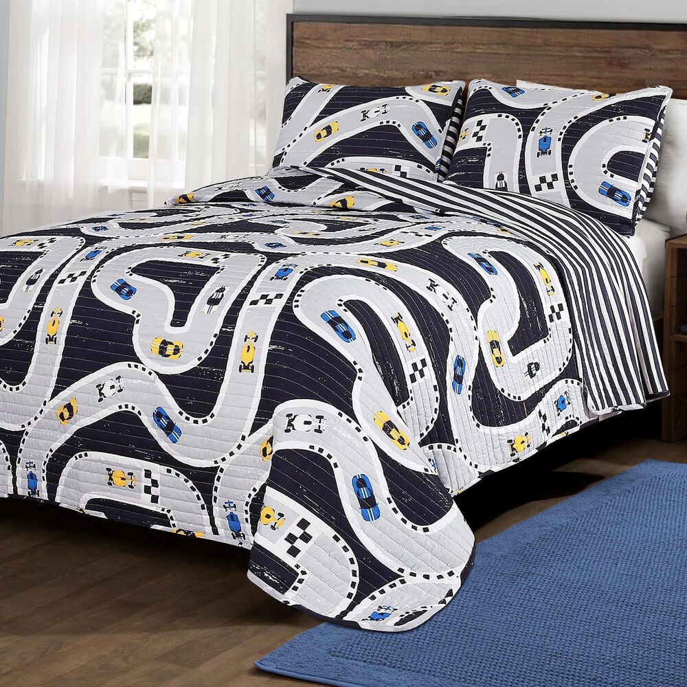 Triangle Home Fashions Car Tracks 2-Piece Twin Quilt Set in Navy, , large
