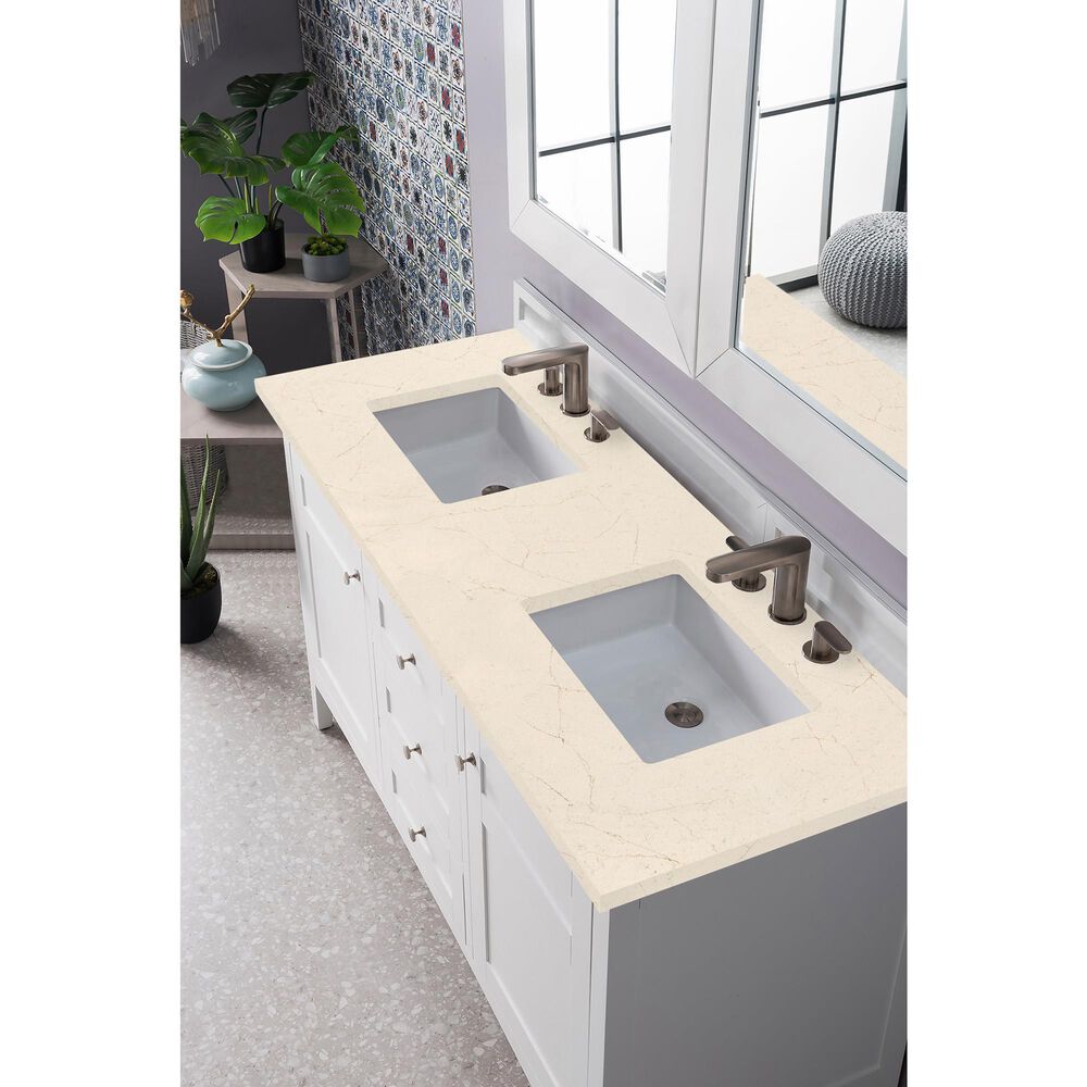 James Martin Palisades 60&quot; Double Bathroom Vanity in Bright White with 3 cm Eternal Marfil Quartz Top and Rectangular Sinks, , large