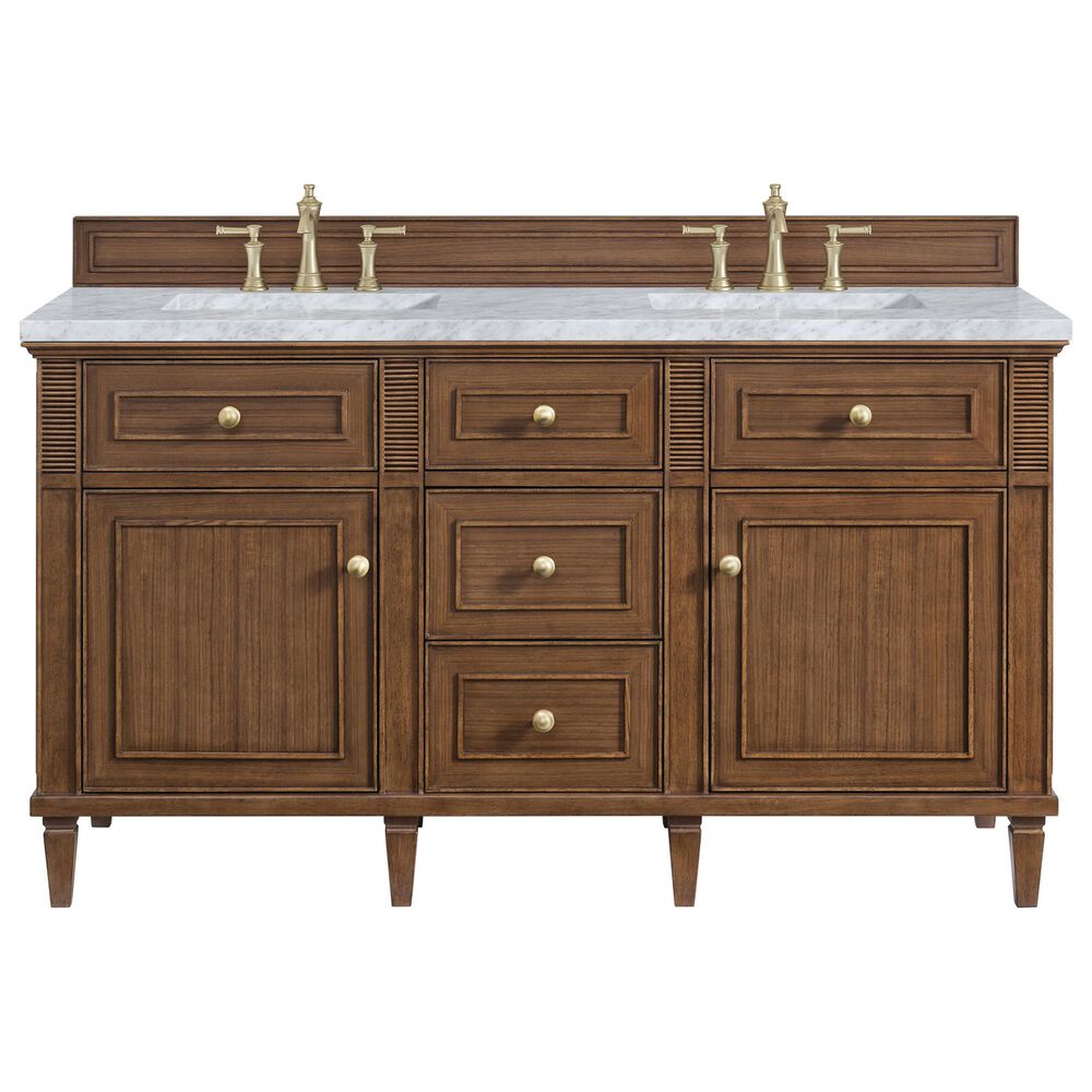 James Martin Lorelai 60&quot; Double Vanity in Mid-Century Walnut with 3 cm Carrara White Marble Top, , large