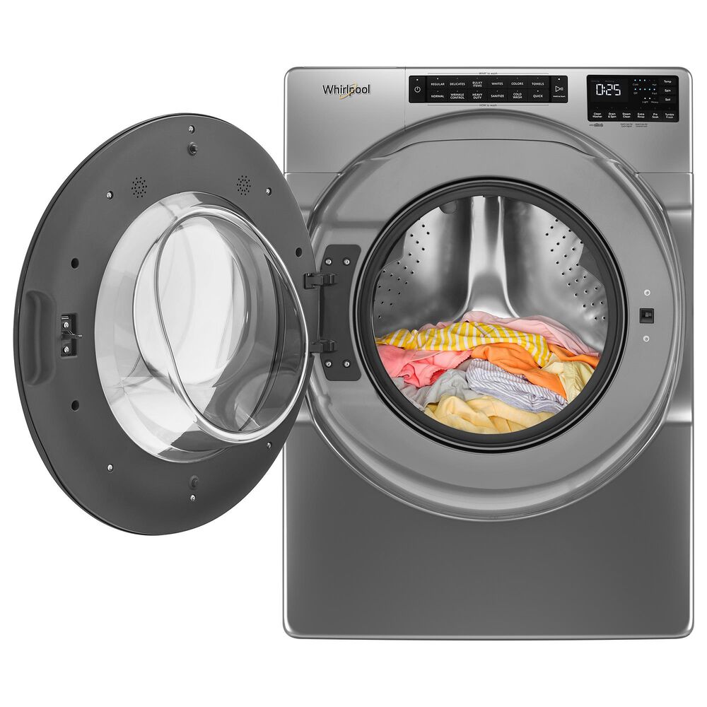 Whirlpool 4.5 Cu. Ft. Front Load Washer and 7.4 Cu. Ft. Electric Wrinkle Shield Dryer with Pedestal in Chrome Shadow, , large