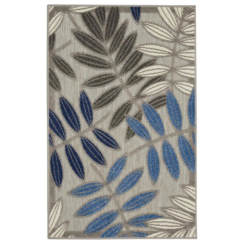 Nourison Aloha Floral 2"8" x 4" Grey and Blue Indoor/Outdoor Area Rug, , large