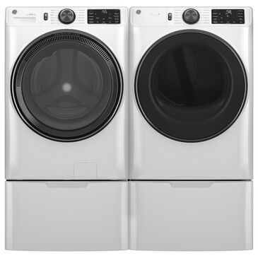 G.E. 5 Cu. Ft. Front Load Washer and 7.8 Cu. Ft. Electric Dryer Laundry Pair with 16" Pedestal in White, , large