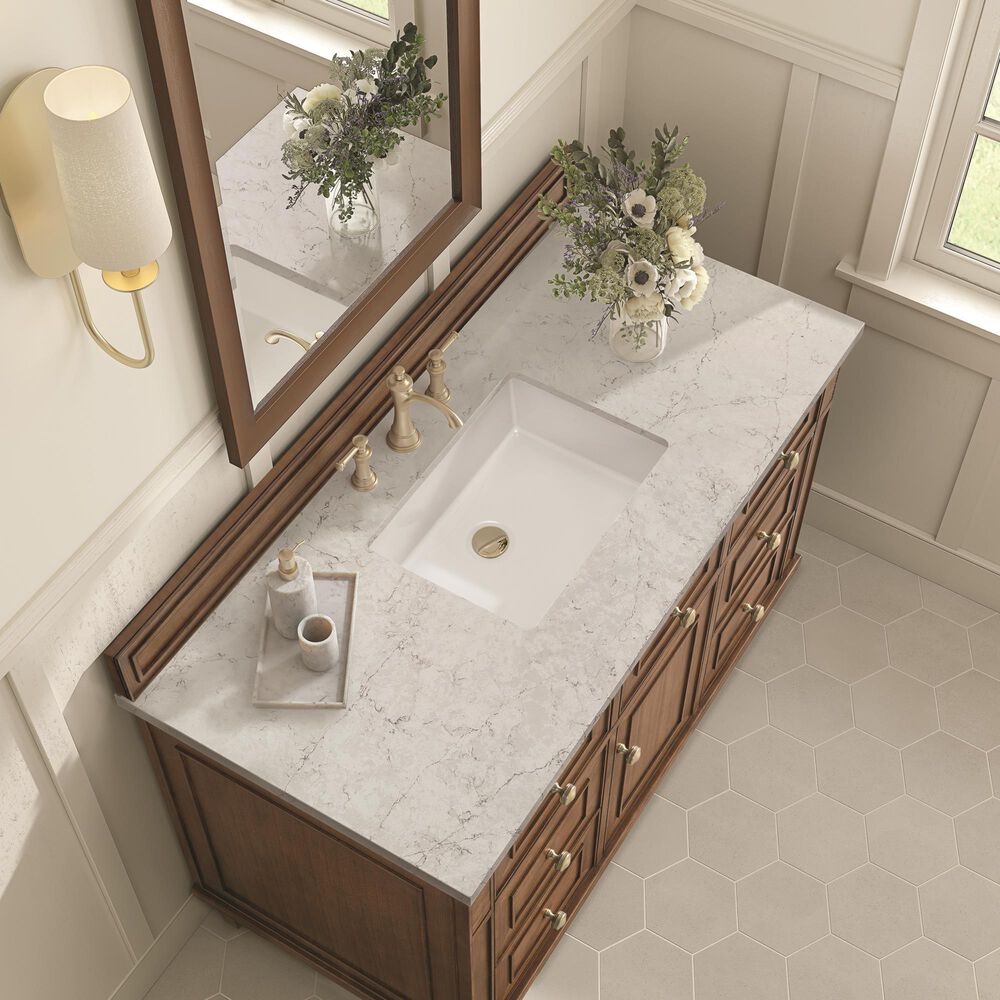 James Martin Lorelai 48&quot; Single Vanity in Mid-Century Walnut with 3 cm Eternal Jasmine Pearl Quartz Top, , large