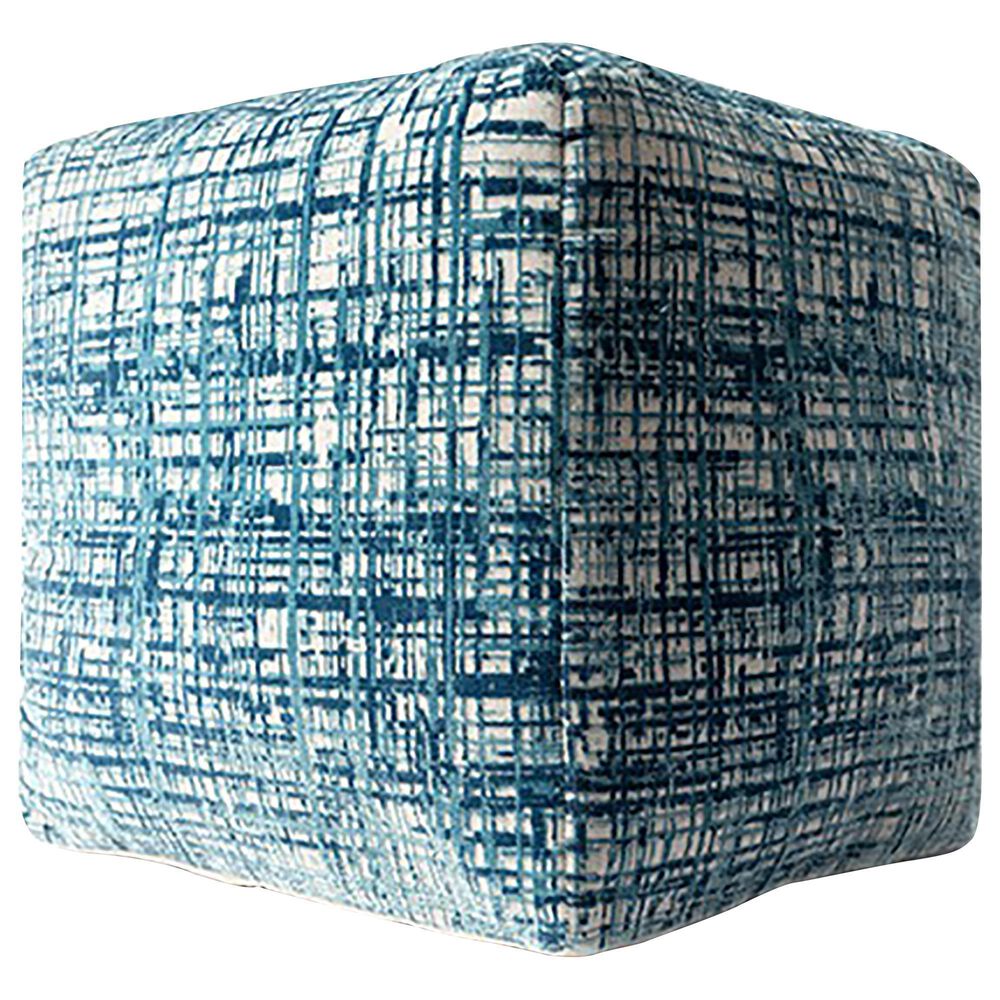 L.R. Home Medallion Cube Pouf in Blue and Ivory, , large