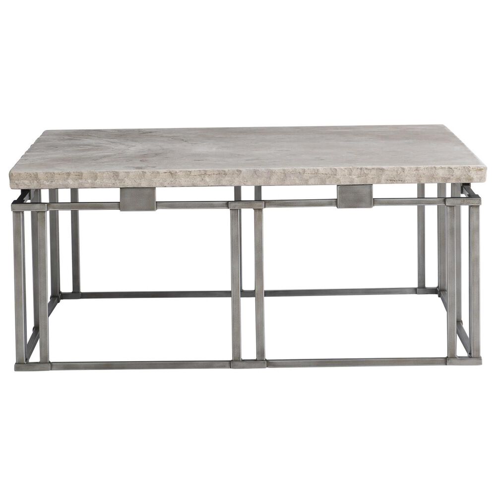 Bernhardt Riverton 40&quot; Cocktail Table in Honed Bianco Travertine and Silver, , large