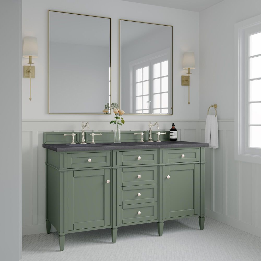 James Martin Brittany 60&quot; Double Bathroom Vanity in Smokey Celadon with 3 cm Charcoal Soapstone Quartz Top and Rectangular Sinks, , large