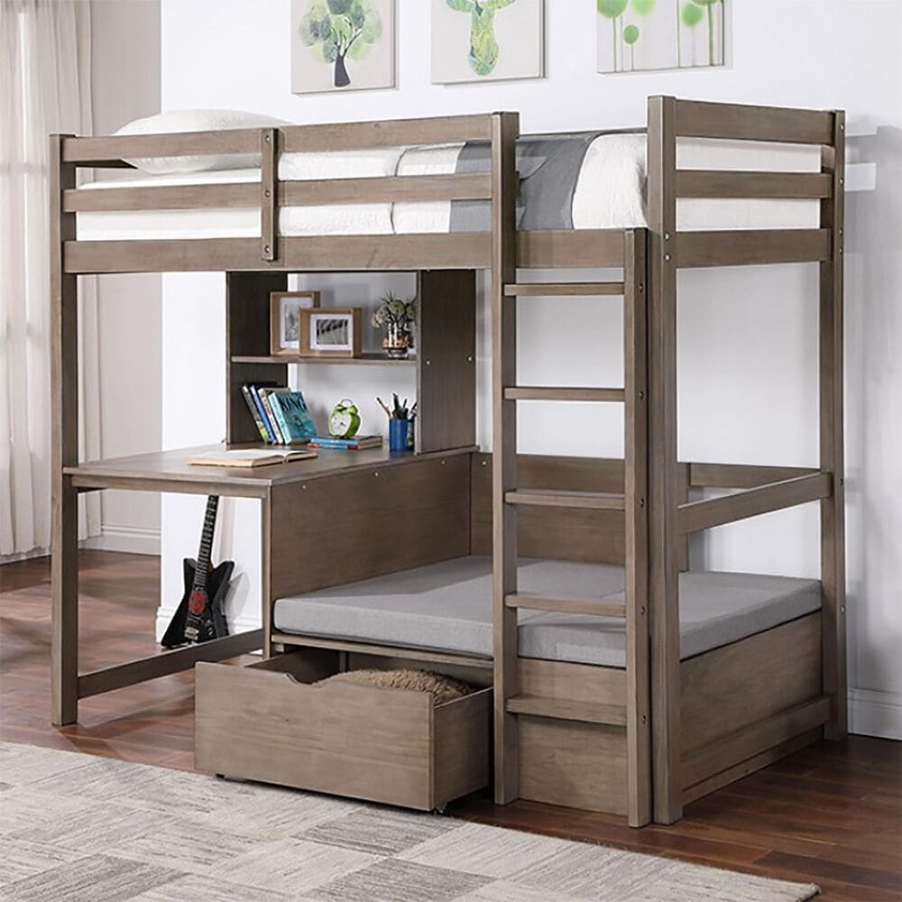 Furniture of America Callistus Twin Workstation Loft Bed in Warm Gray with Cushion, , large