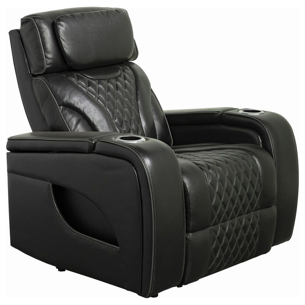 Aurora Furnishings Leather Power Recliner with Massage in Livorno Black, , large