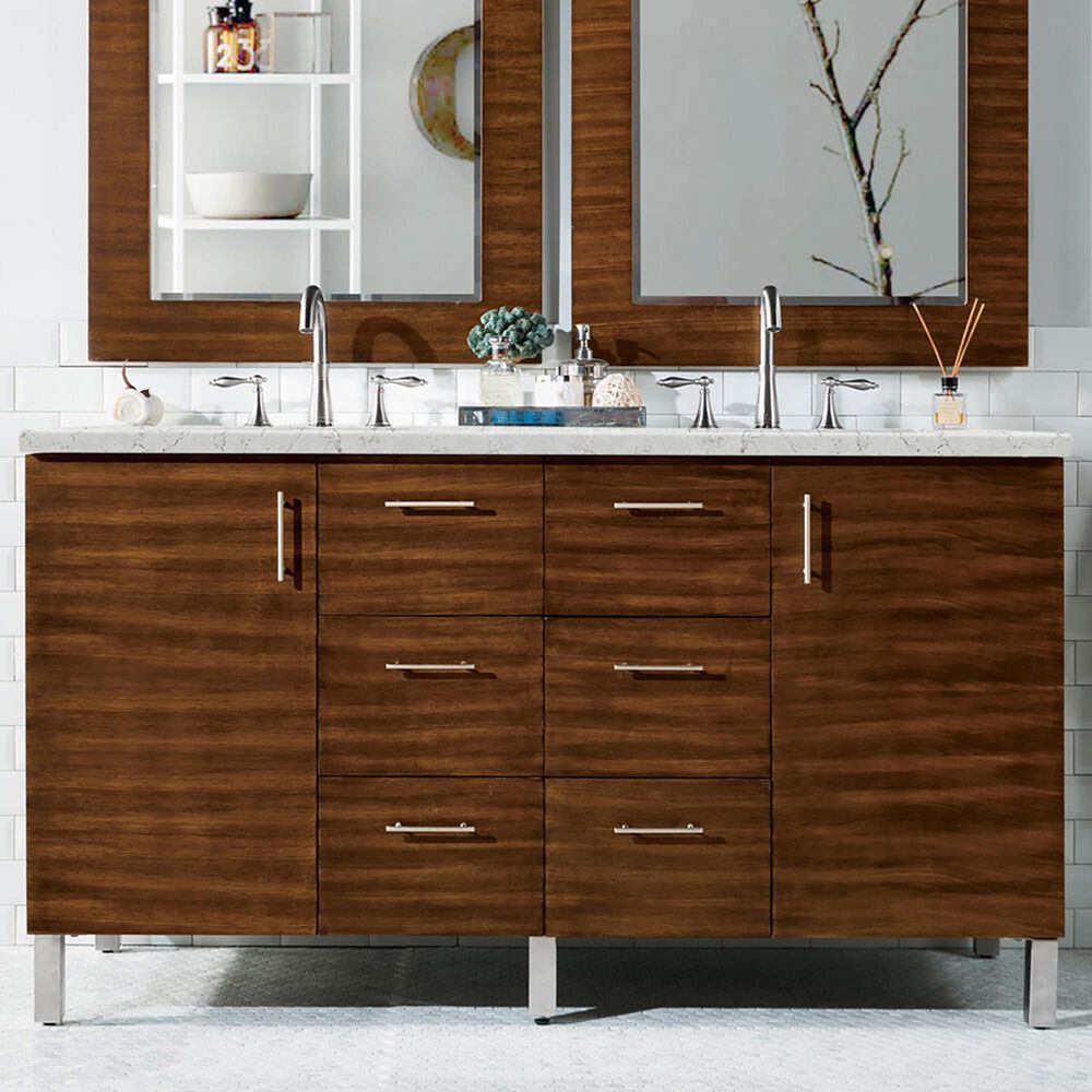 James Martin Metropolitan 60&quot; Double Bathroom Vanity in American Walnut with 3 cm Eternal Jasmine Pearl Quartz Top and Rectangular Sinks, , large