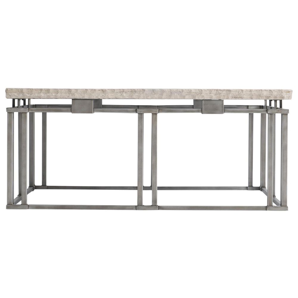 Bernhardt Riverton 40&quot; Cocktail Table in Honed Bianco Travertine and Silver, , large