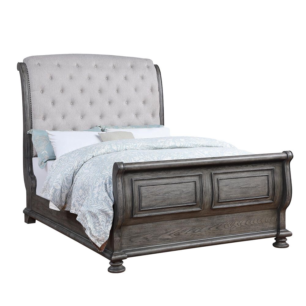 Sasha Lee Lakeway Queen Sleigh Upholstered Button Tufted Bed in Sandblast Gray Finish, , large