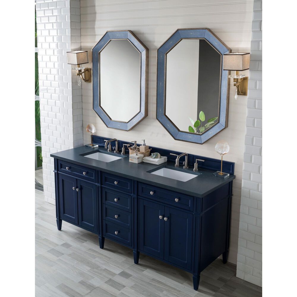 James Martin Brittany 72&quot; Double Bathroom Vanity in Victory Blue with 3 cm Charcoal Soapstone Quartz Top and Rectangle Sinks, , large