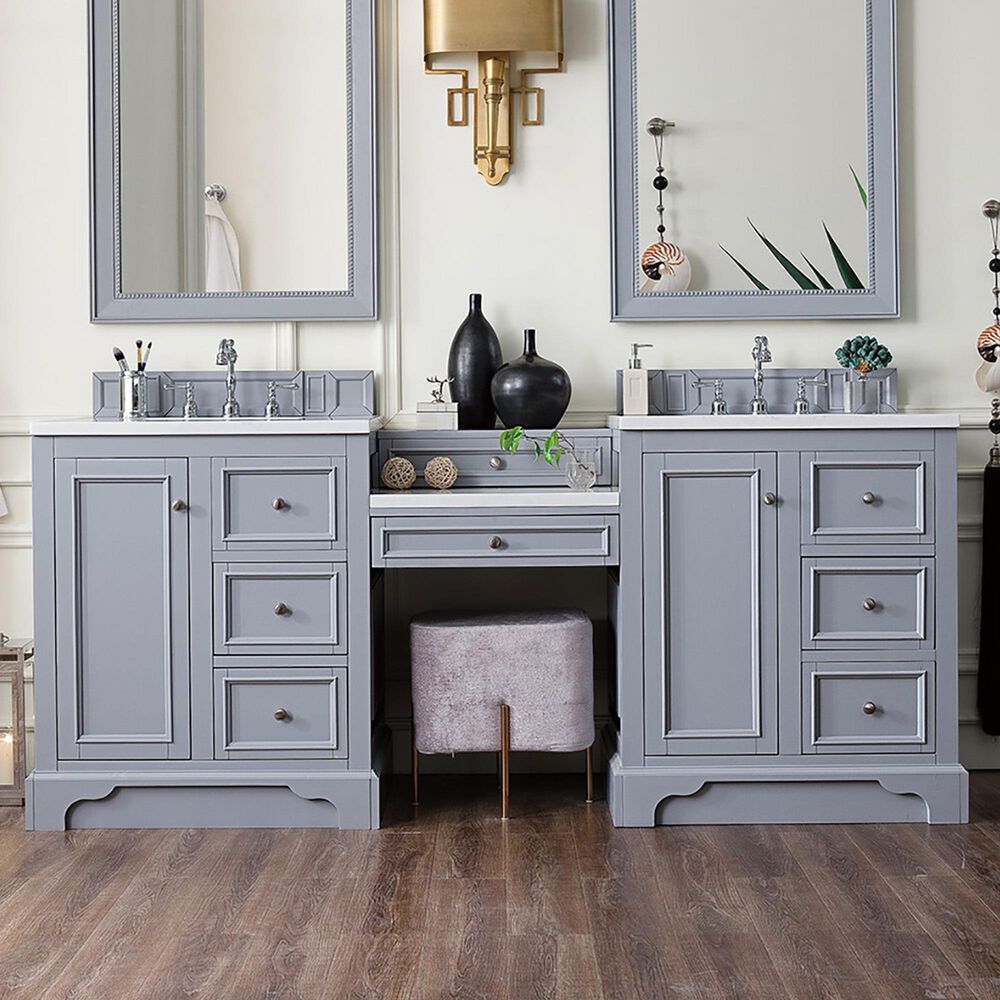 James Martin De Soto 82&quot; Double Bathroom Vanity in Sliver Gray with 3 cm White Zeus Quartz Top and Rectangular Sinks, , large