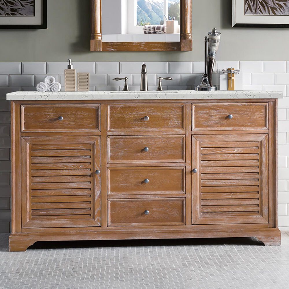 James Martin Savannah 60&quot; Single Bathroom Vanity in Driftwood with 3 cm Eternal Jasmine Pearl Quartz Top and Rectangular Sink, , large