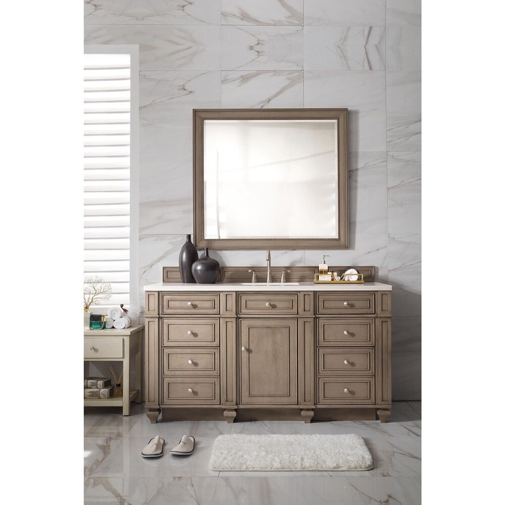 James Martin Bristol 60&quot; Single Bathroom Vanity in White Washed Walnut with 3 cm White Zeus Quartz Top and Rectangular Sink, , large