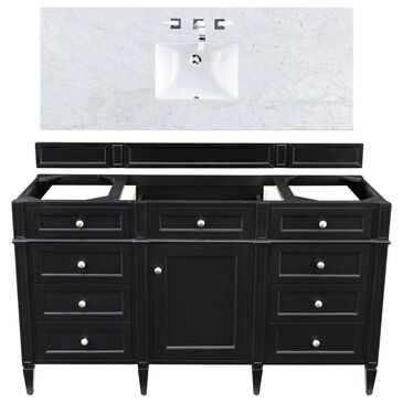 James Martin Brittany 60" Single Bathroom Vanity in Black Onyx with 3 cm Carrara White Marble Top and Rectangle Sink, , large
