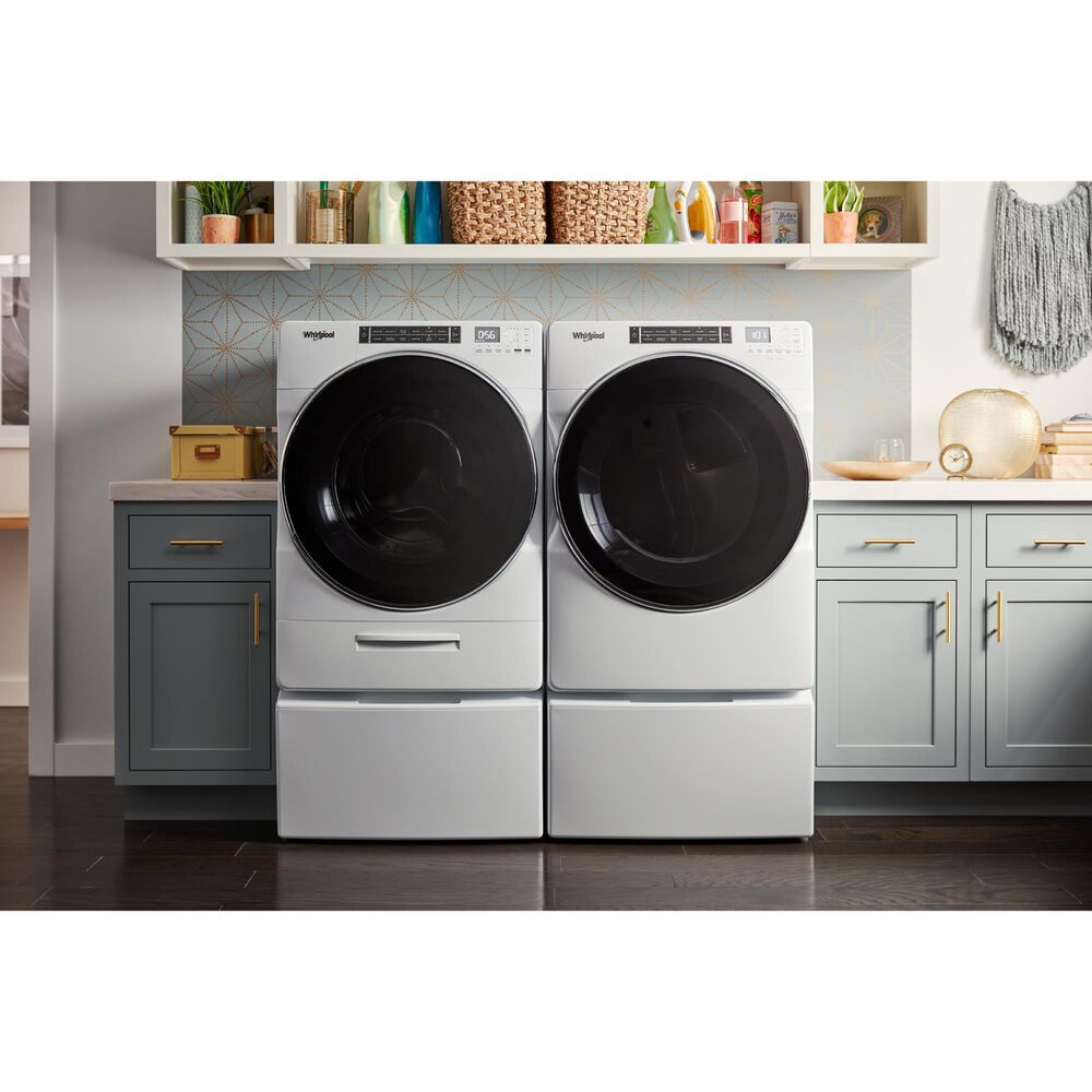 Whirlpool 5.0 Cu. Ft. Front Load Washer and 7.4 Cu. Ft. Electric Dryer Laundry Pair with Pedestals in White, , large