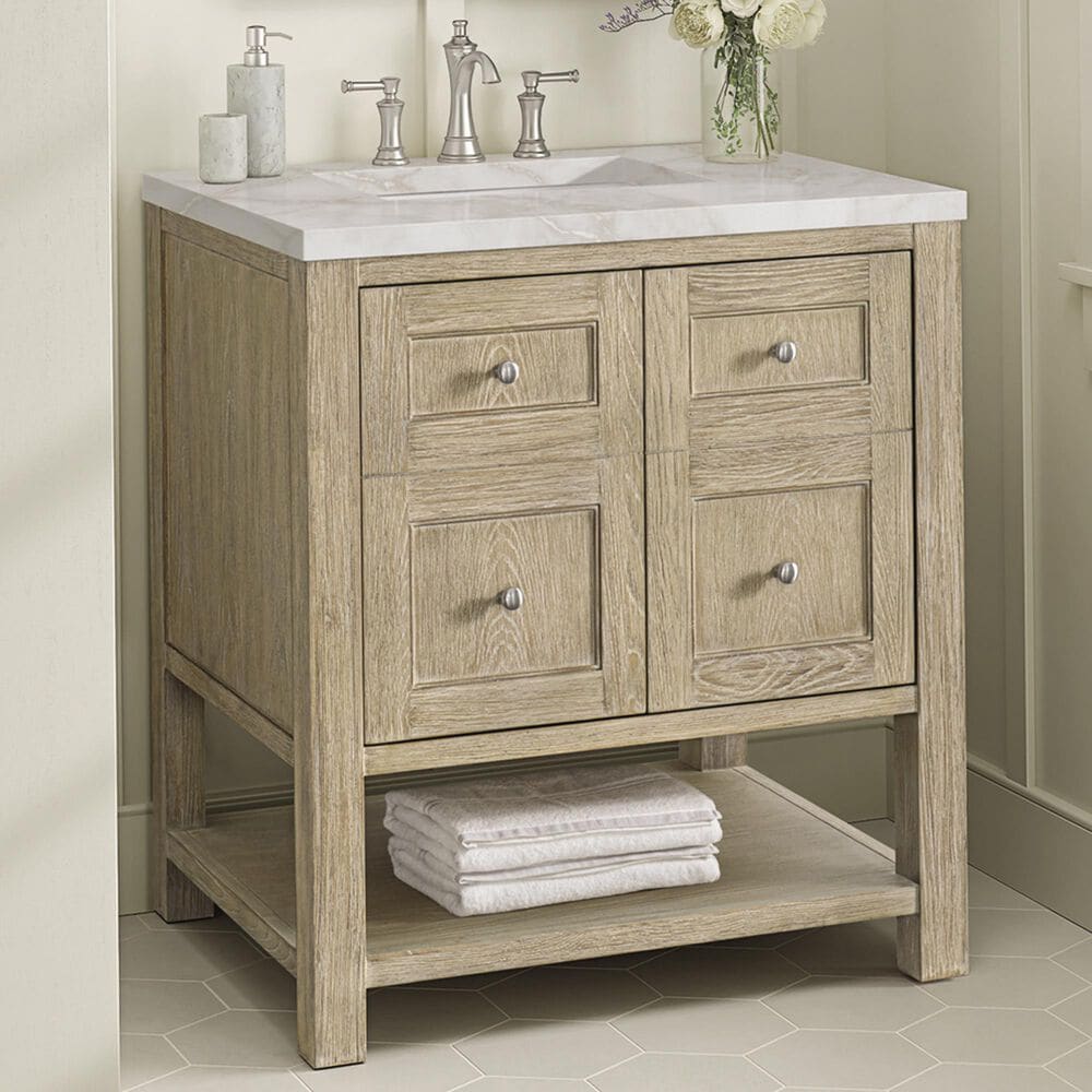 James Martin Breckenridge 30&quot; Single Vanity in Whitewashed Oak with 3 cm Victorian Silver Quartz Top, , large