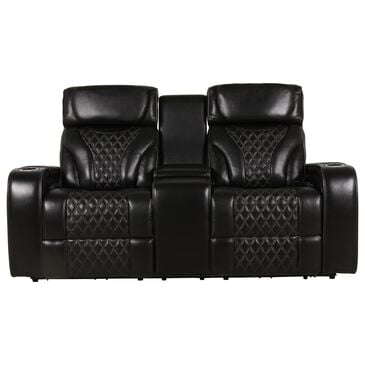 Aurora Furnishings Livorno Leather Power Reclining Console Loveseat with Massage in Black, , large