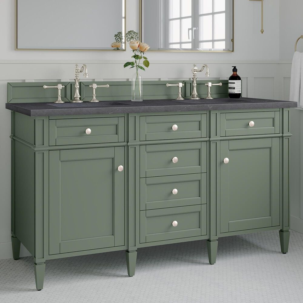 James Martin Brittany 60&quot; Double Bathroom Vanity in Smokey Celadon with 3 cm Charcoal Soapstone Quartz Top and Rectangular Sinks, , large