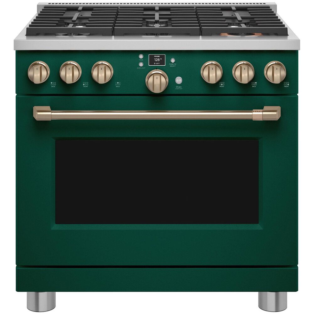 Cafe 5.75 Cu. Ft. Freestanding Dual Fuel Commercial-Style Range in Emerald Green with Brushed Brass Hardware, , large