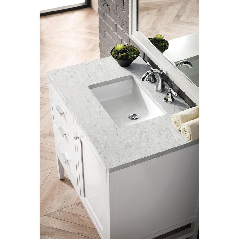 James Martin Addison 36&quot; Single Bathroom Vanity in Glossy White with 3 cm Eternal Jasmine Pearl Quartz Top and Rectangular Sink, , large