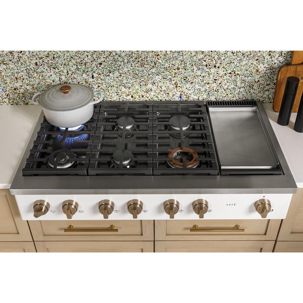 Cafe 48&quot; Natural Gas Rangetop with Integrated Griddle in Matte White and Brushed Bronze, , large