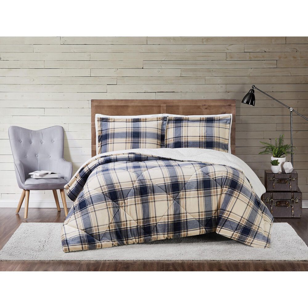 Pem America Truly Soft Cuddle Warmth 3-Piece King Comforter Set in Blue and Cream Plaid, , large