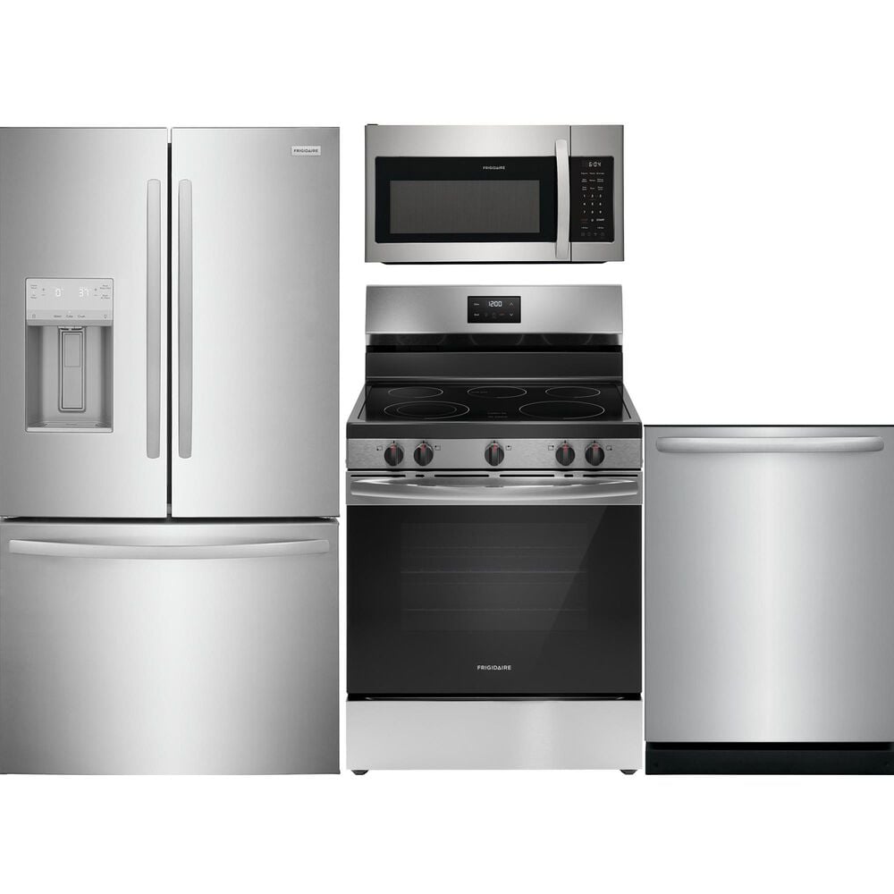 FRIGIDAIRE 4 PC Kitchen Package with 27.8 Cu. Ft. Freestanding French Door Refrigerator, 30" Freestanding Electric Range, 1.8 Cu. Ft. OTR Microwave, and 24" Built-In Dishwasher with DishSense and MaxDry, , large