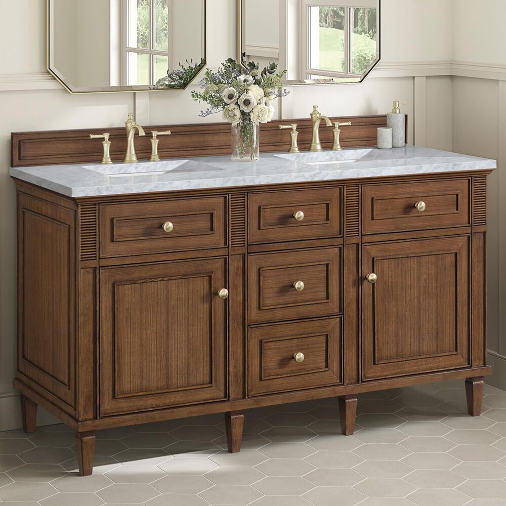 James Martin Lorelai 60&quot; Double Vanity in Mid-Century Walnut with 3 cm Carrara White Marble Top, , large