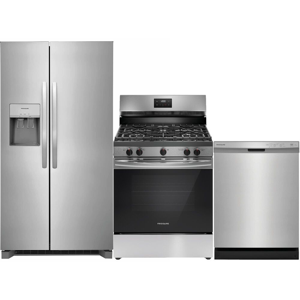 Frigidaire 3 Piece Kitchen Package with 25.6 Cu. Ft. Standard Depth Side-by-Side Refrigerator, 30" Freestanding Gas Range with Quick Boil Burner, 24" Built-In Dishwasher with MaxDry in Stainless Steel, , large